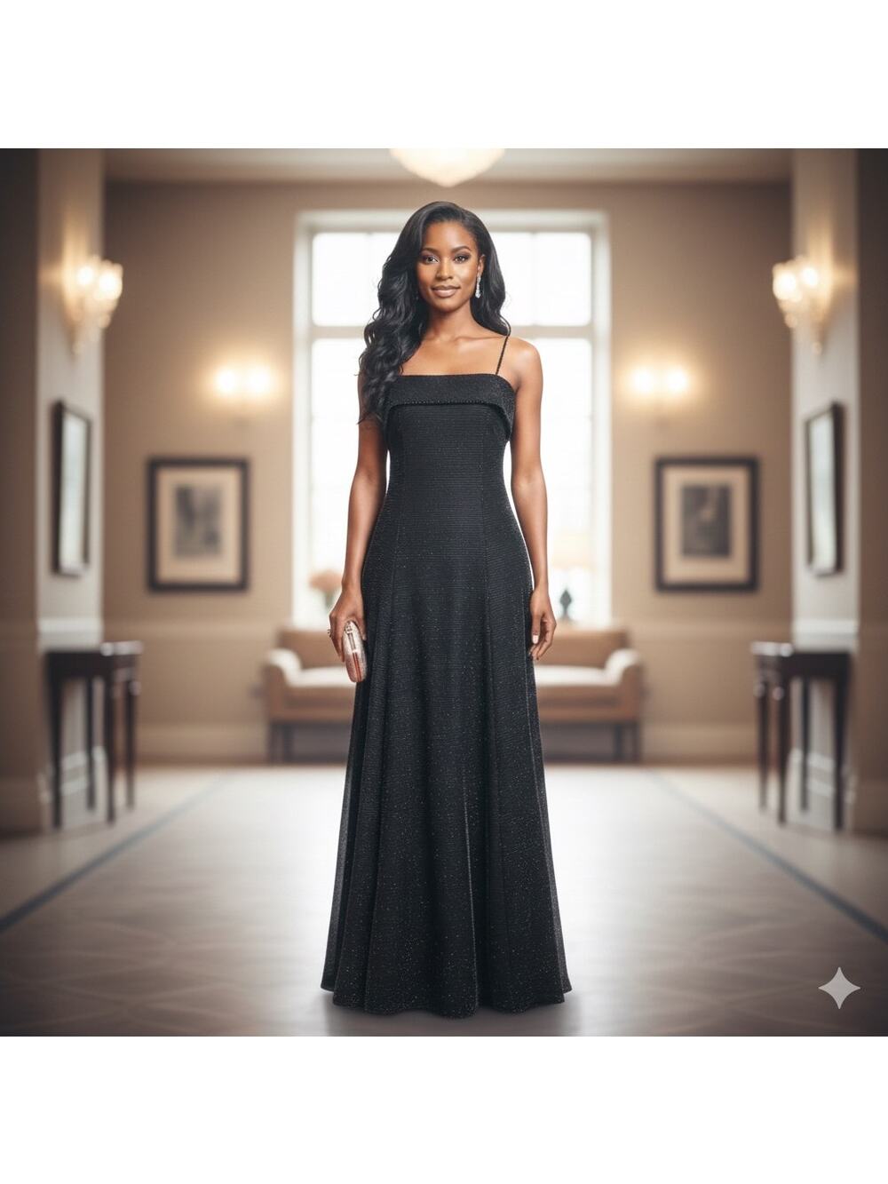 VTG Night Way Collections Metallic Black Ball Gown Dress 4 Spaghetti Strap